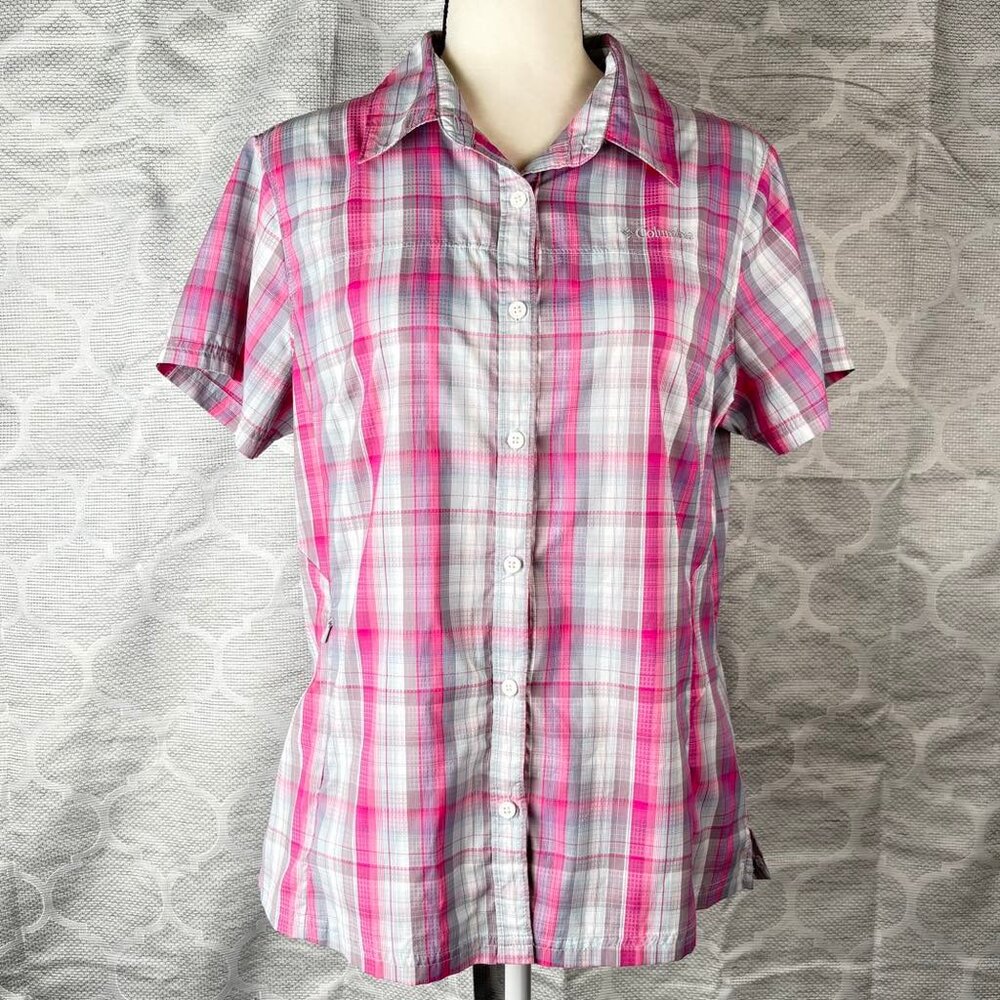 Columbia Pink and Gray Plaid Short Sleeve Button-Down Shirt